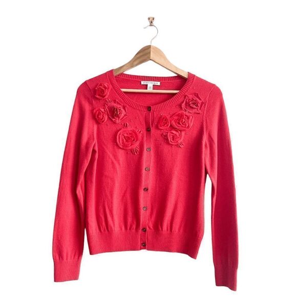 Banana Republic Women's Cardigan Sweater Embellished Rosette Fine Wool Red Small - Picture 1 of 7